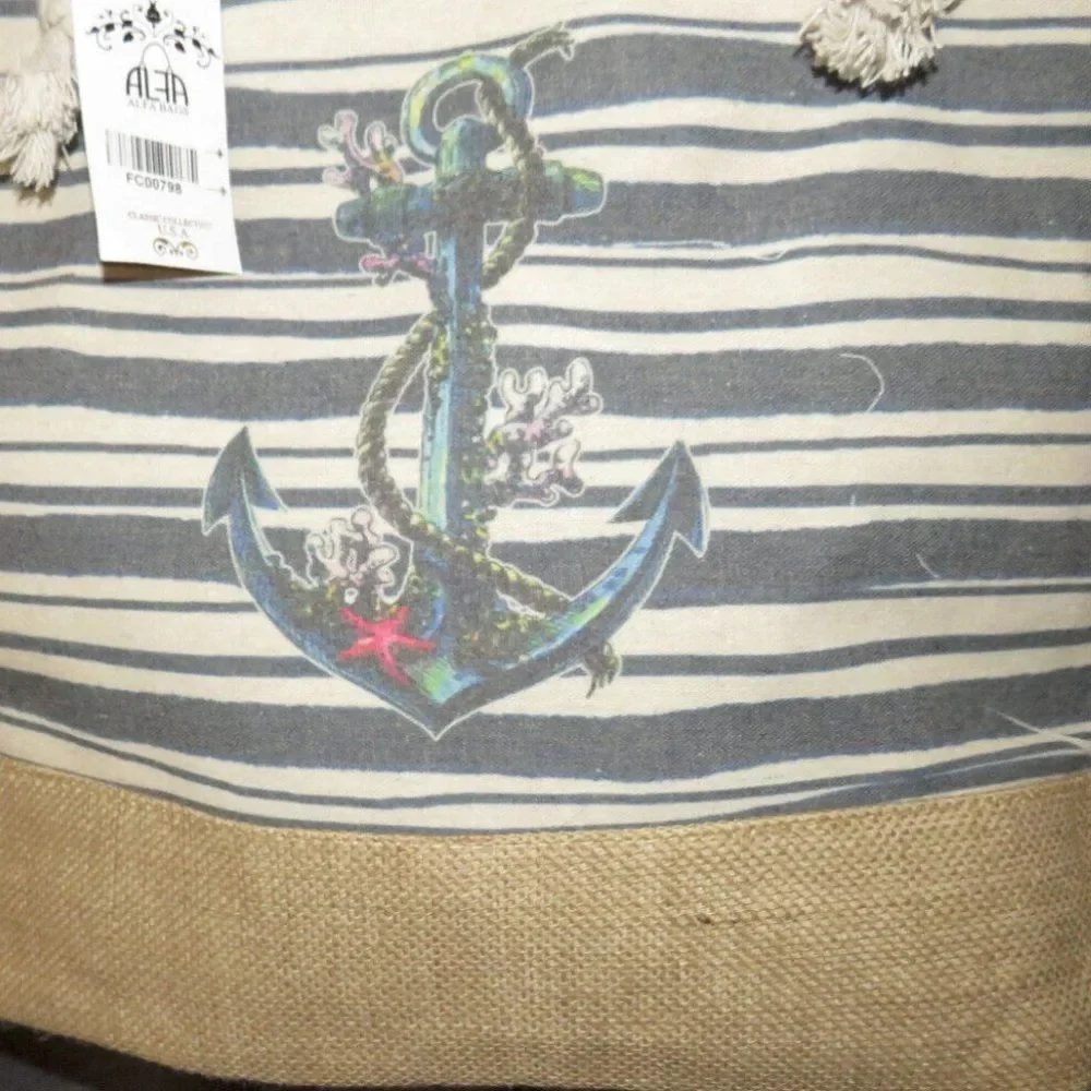 Nautical Anchor Striped Rope Handle Zip Top Large Tote Bag